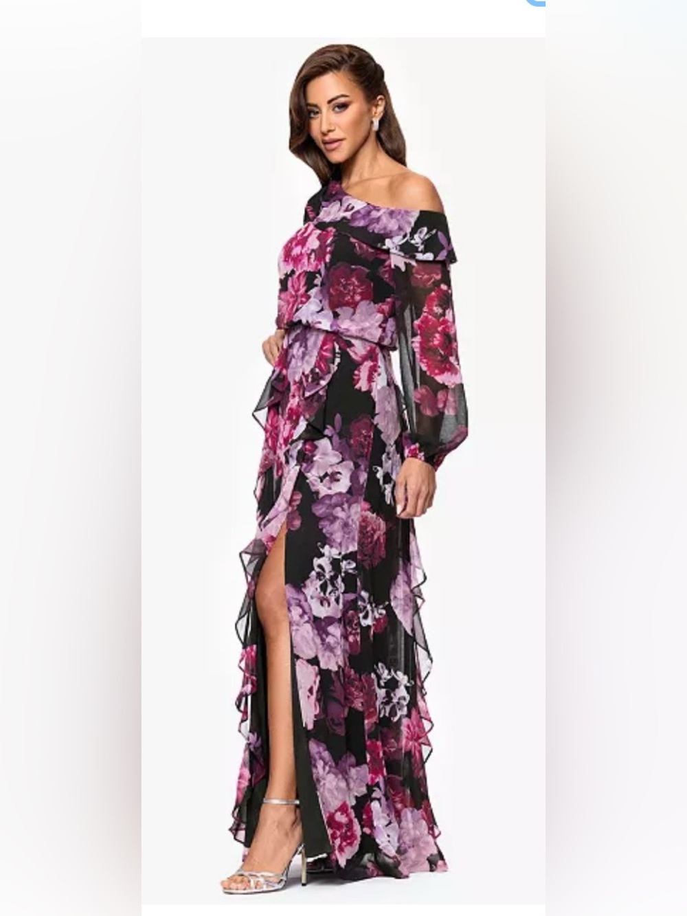NWT XSCAPE Draped Shoulder Printed Floral Chiffon Maxi Gown - Size 4